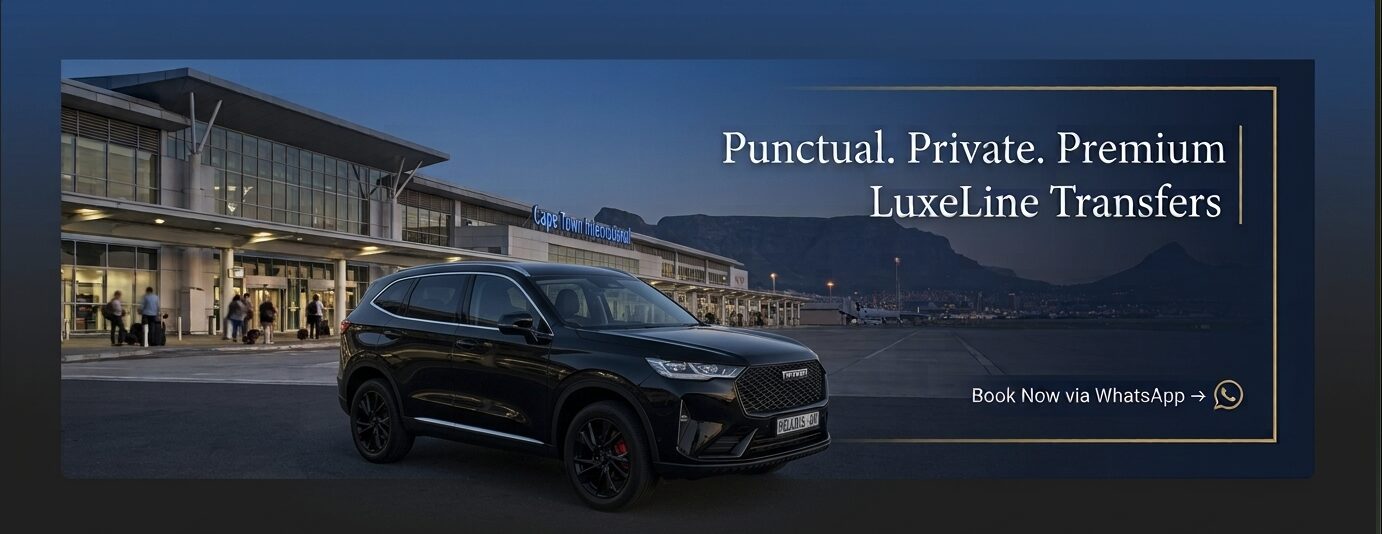 Black Haval SUV parked outside Cape Town International Airport at dusk — LuxeLine Transfers premium chauffeured transfer